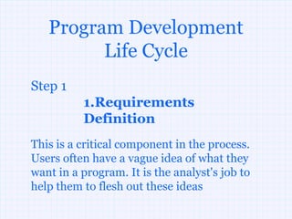 Program Development
         Life Cycle
Step 1
          1.Requirements
          Definition
This is a critical component in the process.
Users often have a vague idea of what they
want in a program. It is the analyst's job to
help them to flesh out these ideas
 