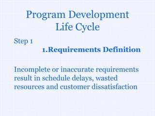 Program Development
         Life Cycle
Step 1
         1.Requirements Definition

Incomplete or inaccurate requirements
result in schedule delays, wasted
resources and customer dissatisfaction
 