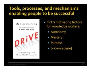     Pink’s	
  motivating	
  factors	
  
                                                   for	
  knowledge	
  workers:	
  
                                                        Autonomy	
  
                                                        Mastery	
  
                                                        Purpose	
  
                                                        [+	
  Camraderie]	
  



Rishi	
  Dean	
  –	
  www.rishidean.com	
                                            21	
  
 