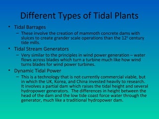 Different Types of Tidal Plants
• Tidal Barrages
– These involve the creation of mammoth concrete dams with
sluices to create grander scale operations than the 12th
century
tide mills.
• Tidal Stream Generators
– Very similar to the principles in wind power generation – water
flows across blades which turn a turbine much like how wind
turns blades for wind power turbines.
• Dynamic Tidal Power
– This is a technology that is not currently commercial viable, but
in which the UK, Korea, and China invested heavily to research.
It involves a partial dam which raises the tidal height and several
hydropower generators. The differences in height between the
head of the dam and the low tide coast force water through the
generator, much like a traditional hydropower dam.
 