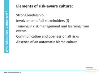 Why risk culture is important?

Elements of risk-aware culture:
Strong leadership
Involvement of all stakeholders (!)
Training in risk management and learning from
events
Communication and openess on all risks
Absence of an automatic blame culture

20www.risicomanagement.nl

 