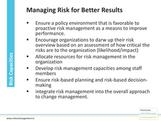 Managing Risk for Better Results


Risk Capacities








25www.risicomanagement.nl

Ensure a policy environment that is favorable to
proactive risk management as a measns to improve
performance.
Encourage organizations to darw up their risk
overview based on an assessment of how critical the
risks are to the organization (likelihood/impact)
Allocate resources for risk management in the
organization
Develop risk management capacities among staff
members
Ensure risk-based planning and risk-based decisionmaking
integrate risk management into the overall approach
to change management.

 