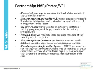 Partnership: NAR/Partos/VFI




Risk Capacities







26www.risicomanagement.nl

Risk maturity survey: we measure the level of risk maturity in
the Dutch charity sector;
Risk Management Knowledge Hub: we set up a sector-specific
Knowledge Hub to steer and customize the application of risk
management in the sector.
Capacity development: we offer an extensive portfolio of
training programs, workshops, round-table discussions,
symposia, etc.
Trending Risks: we regularly share our understanding of the
trending risks in the sector.
Risk Management Database: we develop a sector-specific
database to enable cross-sector comparison and learning.
Risk Management Information System – NARIS: we make our
risk management software available free of charge to all Dutch
charity/development /humanitarian organizations to support
their operations and ensure effective management of their
risks.

 