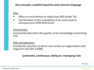 Key concepts: establish baseline and common language
Risk:
 Effect on uncertainty on objectives (ISO Guide 73)
 Combination of the probability of an event and its
consequences (IRM definition)
Uncertainty:
Uncertainty describes the quality of our knowledge concerning
risk.
Risk management:
Coordinate activities to direct and control an organization with
regard to risk (ISO 31000)
systematic, continuous, taking vs. managing risks

9www.risicomanagement.nl

 