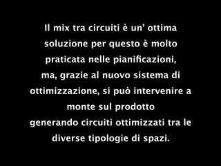 Il mix tra circuiti è un’ ottima
   soluzione per questo è molto
   praticata nelle pianiﬁcazioni,
  ma, grazie al nuovo sistema di
ottimizzazione, si può intervenire a
        monte sul prodotto
generando circuiti ottimizzati tra le
     diverse tipologie di spazi.
 