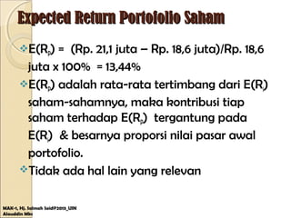 Expected Return Portofolio SahamExpected Return Portofolio Saham
E(RP) = (Rp. 21,1 juta – Rp. 18,6 juta)/Rp. 18,6
juta x 100% = 13,44%
E(RP) adalah rata-rata tertimbang dari E(Ri)
saham-sahamnya, maka kontribusi tiap
saham terhadap E(RP) tergantung pada
E(Ri) & besarnya proporsi nilai pasar awal
portofolio.
Tidak ada hal lain yang relevan
MAK-1, Hj. Salmah Said@2013_UIN
Alauddin Mks
 