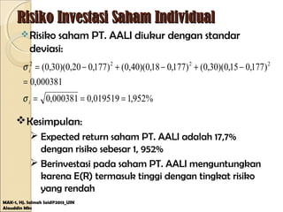 Risiko Investasi Saham IndividualRisiko Investasi Saham Individual
Risiko saham PT. AALI diukur dengan standar
deviasi:
MAK-1, Hj. Salmah Said@2013_UIN
Alauddin Mks
%952,1019519,0000381,0
000381,0
)177,015,0)(30,0()177,018,0)(40,0()177,020,0)(30,0( 2222
===
=
−+−+−=
i
i
σ
σ
Kesimpulan:
 Expected return saham PT. AALI adalah 17,7%
dengan risiko sebesar 1, 952%
 Berinvestasi pada saham PT. AALI menguntungkan
karena E(R) termasuk tinggi dengan tingkat risiko
yang rendah
 
