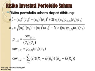 Risiko Investasi Portofolio SahamRisiko Investasi Portofolio Saham
Risiko portofolio saham dapat dihitung:
MAK-1, Hj. Salmah Said@2013_UIN
Alauddin Mks
))(())((2)()()()(
))(())((2)()()()(
21)2,1(21
2
2
2
2
2
1
2
1
21)2,1(21
2
2
2
2
2
1
2
1
2
σσρσσσ
σσρσσσ
wwww
wwww
P
P
++=
++=
)}()}{({)(cov
))((cov
))((
cov
2211
1
)2,1(
21)2,1()2,1(
21
)2,1(
)2,1(
RERRERP ii
n
i
i −−=
=
=
∑=
σσρ
σσ
ρ
 