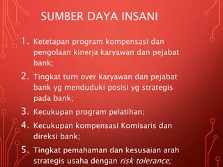 SUMBER DAYA INSANI
1. Ketetapan program kompensasi dan
pengolaan kinerja karyawan dan pejabat
bank;
2. Tingkat turn over karyawan dan pejabat
bank yg menduduki posisi yg strategis
pada bank;
3. Kecukupan program pelatihan;
4. Kecukupan kompensasi Komisaris dan
direksi bank;
5. Tingkat pemahaman dan kesusaian arah
strategis usaha dengan risk tolerance;
 