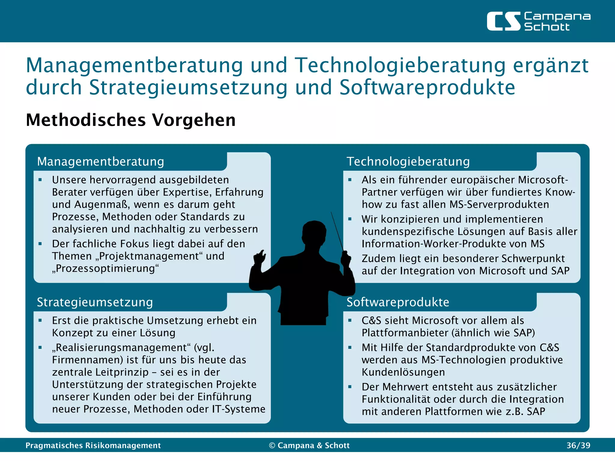 Managementberatung und Technologieberatung ergänzt
durch Strategieumsetzung und Softwareprodukte
Methodisches Vorgehen

  Managementberatung                                              Technologieberatung
   Unsere hervorragend ausgebildeten                              Als ein führender europäischer Microsoft-
    Berater verfügen über Expertise, Erfahrung                      Partner verfügen wir über fundiertes Know-
    und Augenmaß, wenn es darum geht                                how zu fast allen MS-Serverprodukten
    Prozesse, Methoden oder Standards zu                           Wir konzipieren und implementieren
    analysieren und nachhaltig zu verbessern                        kundenspezifische Lösungen auf Basis aller
   Der fachliche Fokus liegt dabei auf den                         Information-Worker-Produkte von MS
    Themen „Projektmanagement“ und                                 Zudem liegt ein besonderer Schwerpunkt
    „Prozessoptimierung“                                            auf der Integration von Microsoft und SAP


  Strategieumsetzung
   Teamfähigkeit                                                  Softwareprodukte
   Erst die praktische Umsetzung erhebt ein                       C&S sieht Microsoft vor allem als
    Konzept zu einer Lösung                                         Plattformanbieter (ähnlich wie SAP)
   „Realisierungsmanagement“ (vgl.                                Mit Hilfe der Standardprodukte von C&S
    Firmennamen) ist für uns bis heute das                          werden aus MS-Technologien produktive
    zentrale Leitprinzip – sei es in der                            Kundenlösungen
    Unterstützung der strategischen Projekte                       Der Mehrwert entsteht aus zusätzlicher
    unserer Kunden oder bei der Einführung                          Funktionalität oder durch die Integration
    neuer Prozesse, Methoden oder IT-Systeme                        mit anderen Plattformen wie z.B. SAP


Pragmatisches Risikomanagement                   © Campana & Schott                                             36/39
 