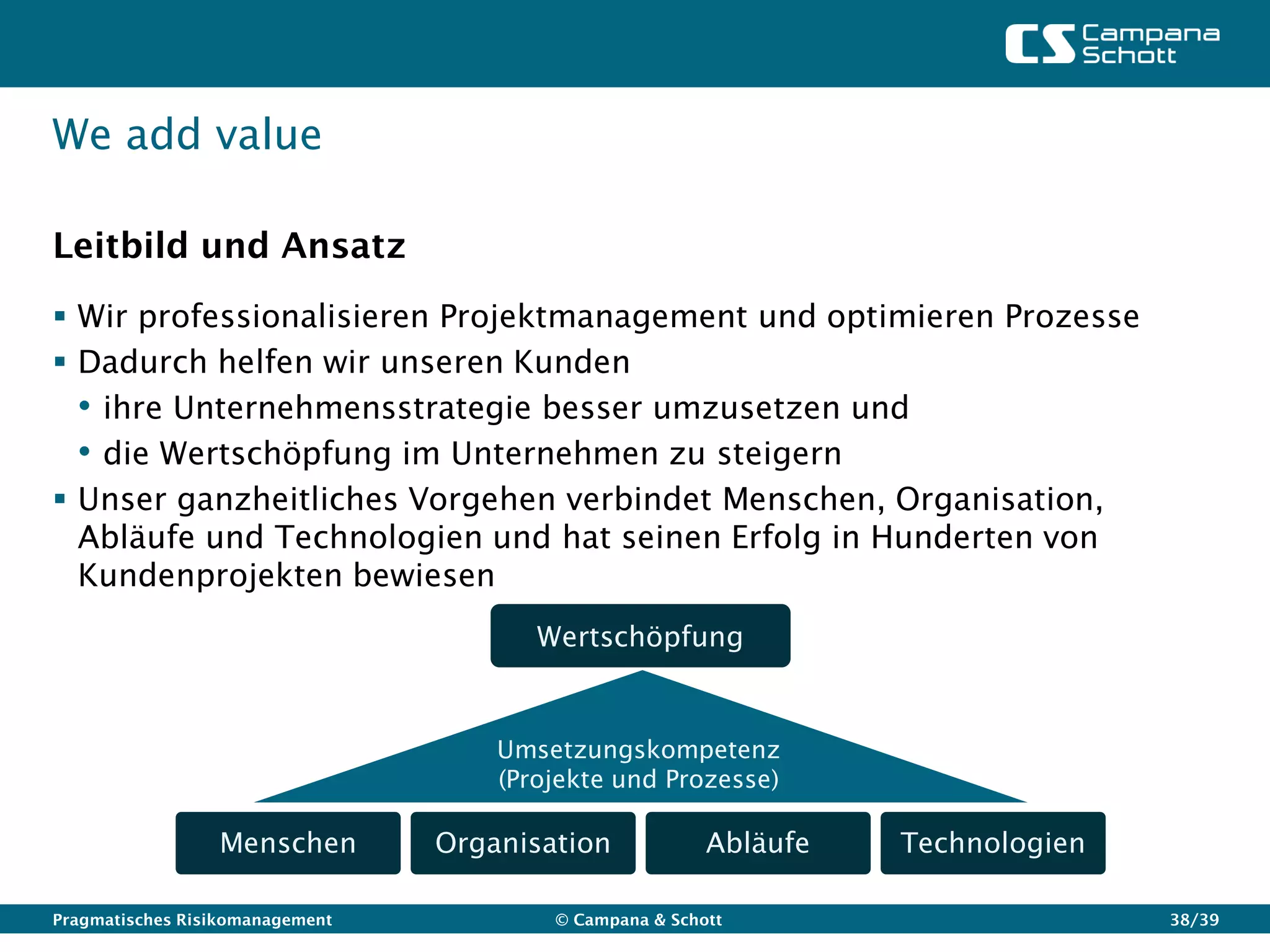 We add value

Leitbild und Ansatz
 Wir professionalisieren Projektmanagement und optimieren Prozesse
 Dadurch helfen wir unseren Kunden
  • ihre Unternehmensstrategie besser umzusetzen und
  • die Wertschöpfung im Unternehmen zu steigern
 Unser ganzheitliches Vorgehen verbindet Menschen, Organisation,
  Abläufe und Technologien und hat seinen Erfolg in Hunderten von
  Kundenprojekten bewiesen
                                        Wertschöpfung


                                     Umsetzungskompetenz
                                     (Projekte und Prozesse)

                 Menschen        Organisation            Abläufe   Technologien

Pragmatisches Risikomanagement           © Campana & Schott                       38/39
 