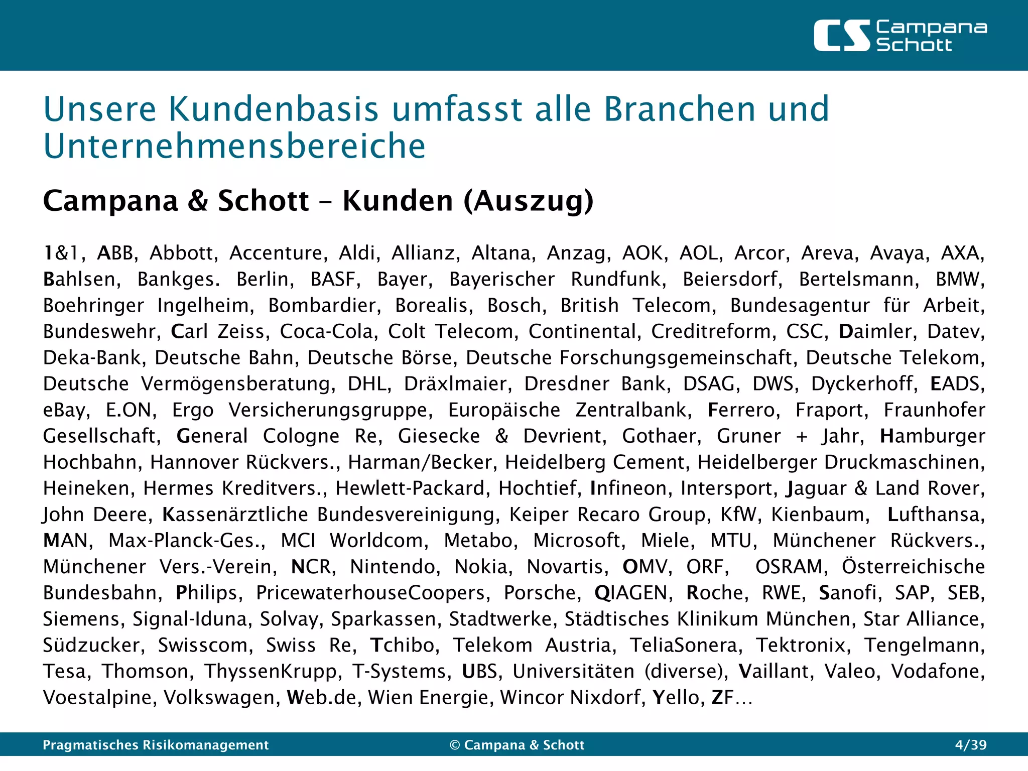 Unsere Kundenbasis umfasst alle Branchen und
Unternehmensbereiche
Campana & Schott – Kunden (Auszug)
1&1, ABB, Abbott, Accenture, Aldi, Allianz, Altana, Anzag, AOK, AOL, Arcor, Areva, Avaya, AXA,
Bahlsen, Bankges. Berlin, BASF, Bayer, Bayerischer Rundfunk, Beiersdorf, Bertelsmann, BMW,
Boehringer Ingelheim, Bombardier, Borealis, Bosch, British Telecom, Bundesagentur für Arbeit,
Bundeswehr, Carl Zeiss, Coca-Cola, Colt Telecom, Continental, Creditreform, CSC, Daimler, Datev,
Deka-Bank, Deutsche Bahn, Deutsche Börse, Deutsche Forschungsgemeinschaft, Deutsche Telekom,
Deutsche Vermögensberatung, DHL, Dräxlmaier, Dresdner Bank, DSAG, DWS, Dyckerhoff, EADS,
eBay, E.ON, Ergo Versicherungsgruppe, Europäische Zentralbank, Ferrero, Fraport, Fraunhofer
Gesellschaft, General Cologne Re, Giesecke & Devrient, Gothaer, Gruner + Jahr, Hamburger
Hochbahn, Hannover Rückvers., Harman/Becker, Heidelberg Cement, Heidelberger Druckmaschinen,
Heineken, Hermes Kreditvers., Hewlett-Packard, Hochtief, Infineon, Intersport, Jaguar & Land Rover,
John Deere, Kassenärztliche Bundesvereinigung, Keiper Recaro Group, KfW, Kienbaum, Lufthansa,
MAN, Max-Planck-Ges., MCI Worldcom, Metabo, Microsoft, Miele, MTU, Münchener Rückvers.,
Münchener Vers.-Verein, NCR, Nintendo, Nokia, Novartis, OMV, ORF, OSRAM, Österreichische
Bundesbahn, Philips, PricewaterhouseCoopers, Porsche, QIAGEN, Roche, RWE, Sanofi, SAP, SEB,
Siemens, Signal-Iduna, Solvay, Sparkassen, Stadtwerke, Städtisches Klinikum München, Star Alliance,
Südzucker, Swisscom, Swiss Re, Tchibo, Telekom Austria, TeliaSonera, Tektronix, Tengelmann,
Tesa, Thomson, ThyssenKrupp, T-Systems, UBS, Universitäten (diverse), Vaillant, Valeo, Vodafone,
Voestalpine, Volkswagen, Web.de, Wien Energie, Wincor Nixdorf, Yello, ZF…

Pragmatisches Risikomanagement            © Campana & Schott                                   4/39
 