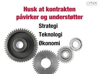 Husk at kontrakten"
påvirker og understøtter
Strategi
Teknologi
Økonomi
 