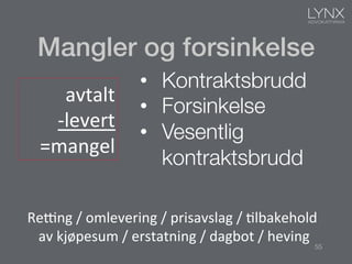 Mangler og forsinkelse!
55
avtalt	
  
-­‐levert	
  
=mangel	
  
•  Kontraktsbrudd
•  Forsinkelse
•  Vesentlig
kontraktsbrudd
Re.ng	
  /	
  omlevering	
  /	
  prisavslag	
  /	
  4lbakehold	
  
av	
  kjøpesum	
  /	
  erstatning	
  /	
  dagbot	
  /	
  heving	
  
 