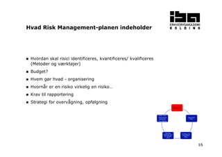 16
Hvordan skal risici identificeres, kvantificeres/ kvalificeres
(Metoder og værktøjer)
Budget?
Hvem gør hvad - organisering
Hvornår er en risiko virkelig en risiko…
Krav til rapportering
Strategi for overvågning, opfølgning
Hvad Risk Management-planen indeholder
Planlæg Risk
Management
Identificer
Risici
Kvalificer og
kvantificer
Risici
Planlæg
håndtering af
de enkelte
risici
Udfør risiko
reducerende
aktiviteter
Overvåg/log
 