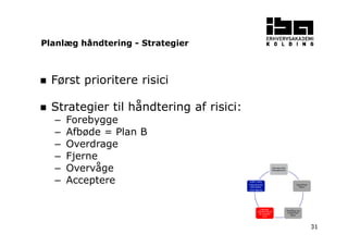 31
Først prioritere risici
Strategier til håndtering af risici:
– Forebygge
– Afbøde = Plan B
– Overdrage
– Fjerne
– Overvåge
– Acceptere
Planlæg Risk
Management
Identificer
Risici
Kvalificer og
kvantificer
Risici
Planlæg
håndtering af
de enkelte
risici
Udfør risiko
reducerende
aktiviteter
Overvåg/log
Planlæg håndtering - Strategier
 