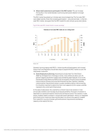 The Rising Sun - 2012 | 32
Fig.25: Non-solar REC market trends in power exchange
Source: IEX
4.	 Allow retail customers to participate in the REC market: This can increase
the liquidity in the market besides incentivizing solar power adoption amongst
customers.
The REC market has picked up in the last year since its beginning.The first solar REC
was traded recently. Given the increasing participation – volumes and trade – in the non-
solar REC market, we expect that the REC market for solar will pick up as costs reduce.
However, by encouraging retail REC’s - market liquidity and participation will increase.
Government and Regulators should take steps to expand the REC market to cover the
retail power customers.
5.	 Grid infrastructure planning: According to a study titled ‘Sun ShotVision -
2020’ by US Department of Energy currently, most utilities can allow up to 15
percent capacity penetration (rated output divided by peak load) per circuit of the
Distributed Energy Resource (DER) to be connected to the grid using a simplified
interconnection process and once that threshold has been reached, a detailed,
interconnection requirements study is usually mandatory before interconnecting.
It is therefore important to determine how much capacity of infirm power could be
injected to the current grid infrastructure.
In the case of solar power, the uncertainty is inherent due to the variation in inter-
annual solar insolation and intra-day cloud-induced variability.The extent of variation is
dependent on several atmospheric factors that are beyond control.This variation in solar
power insolation leads to variation in actual solar power generation. Hence, an integrated
grid infrastructure investment planning that takes into account the capacity installed
from solar/infirm sources of power, grid reinforcement requirements and backup
capacity is the need of the hour.
© 2012 KPMG, an Indian Registered Partnership and a member firm of the KPMG network of independent member firms affiliated with KPMG International Cooperative (“KPMG International”), a Swiss entity. All rights reserved.
 