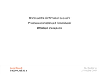 SL BarCamp 27 ottobre 2007 Luca Bocedi SecondLifeLab.it Grandi quantità di informazioni da gestire Presenza contemporanea di formati diversi Difficoltà di orientamento 