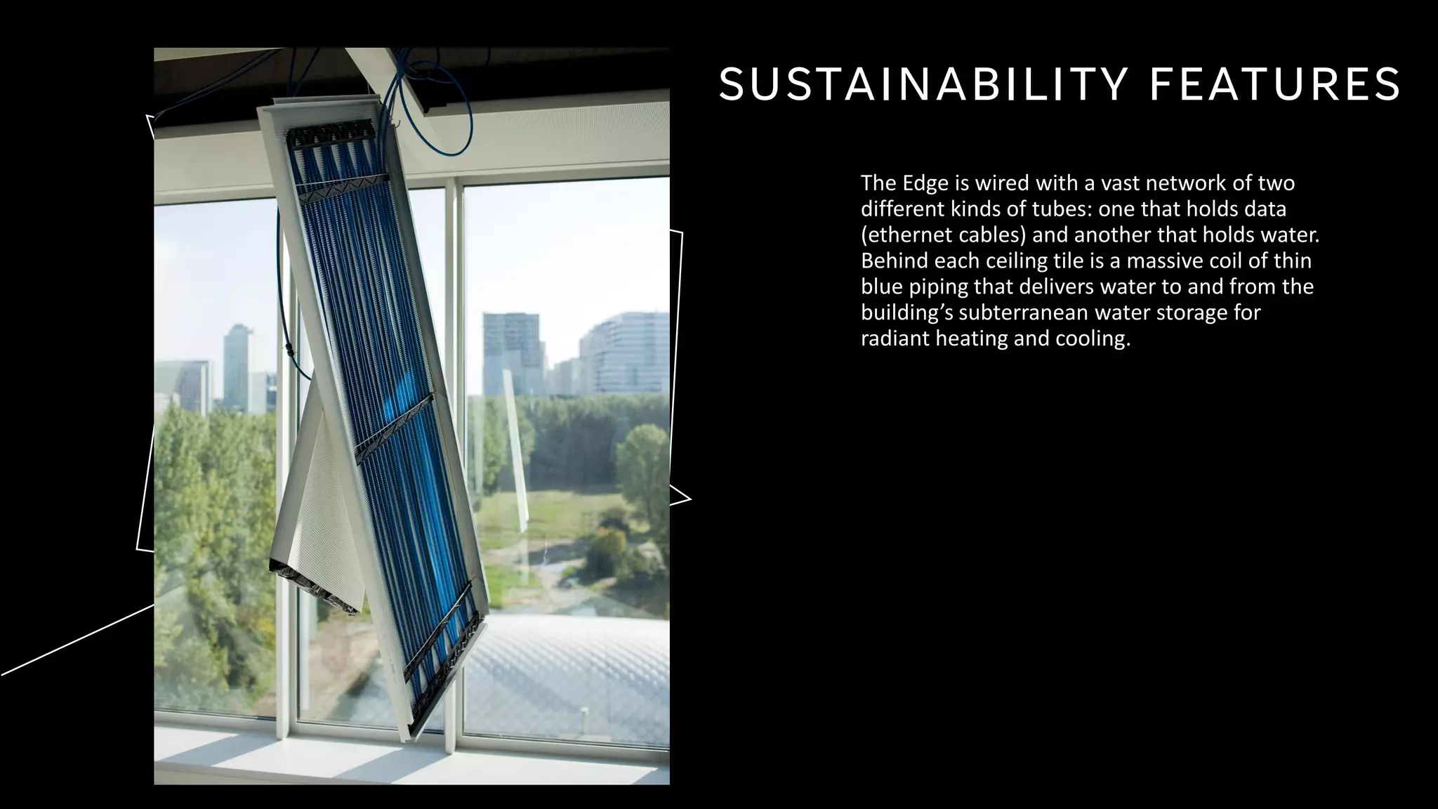 SUSTAINABILITY FEATURES
The Edge is wired with a vast network of two
different kinds of tubes: one that holds data
(ethernet cables) and another that holds water.
Behind each ceiling tile is a massive coil of thin
blue piping that delivers water to and from the
building’s subterranean water storage for
radiant heating and cooling.
 
