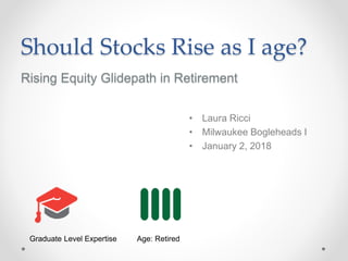 Should Stocks Rise as I age?
Rising Equity Glidepath in Retirement
• Laura Ricci
• Milwaukee Bogleheads I
• January 2, 2018
Graduate Level Expertise Age: Retired
 