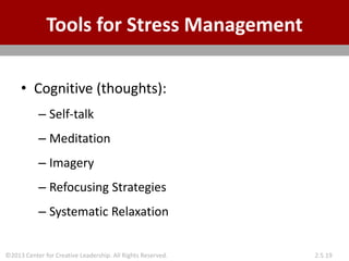 ©2013 Center for Creative Leadership. All Rights Reserved. 2.5.19
Tools for Stress Management
• Cognitive (thoughts):
– Self-talk
– Meditation
– Imagery
– Refocusing Strategies
– Systematic Relaxation
 