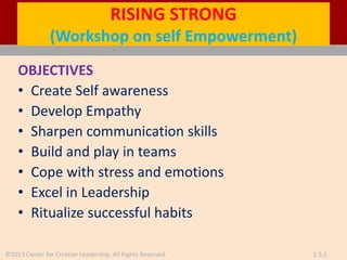 ©2013 Center for Creative Leadership. All Rights Reserved. 2.5.2
RISING STRONG
(Workshop on self Empowerment)
OBJECTIVES
• Create Self awareness
• Develop Empathy
• Sharpen communication skills
• Build and play in teams
• Cope with stress and emotions
• Excel in Leadership
• Ritualize successful habits
 