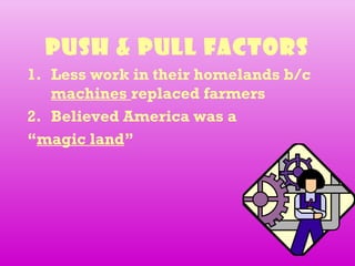 Push & Pull Factors
1. Less work in their homelands b/c
machines replaced farmers
2. Believed America was a
“magic land”
 