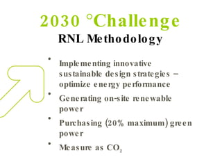2030   Challenge RNL Methodology <ul><li>Implementing innovative sustainable design strategies – optimize energy performa...