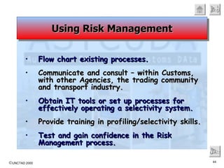 Flow chart existing processes.  Communicate and consult – within Customs, with other Agencies, the trading community and transport industry. Obtain IT tools or set up processes for effectively operating a selectivity system. Provide training in profiling/selectivity skills. Test and gain confidence in the Risk Management process.  Next Using Risk Management 