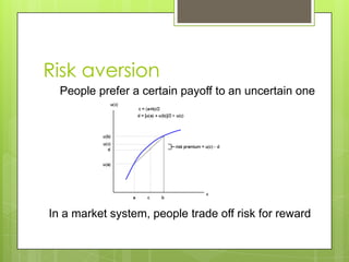 Risk aversion
  People prefer a certain payoff to an uncertain one




In a market system, people trade off risk for reward
 