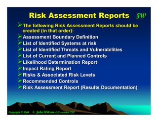 R isk A ssessm ent R eports           JW
                                                     T


      The following Risk Assessment Reports should be
       created (in that order):
      Assessment Boundary Definition
      List of Identified Systems at risk
      List of Identified Threats and Vulnerabilities
      List of Current and Planned Controls
      Likelihood Determination Report
      Impact Rating Report
      Risks & Associated Risk Levels
      Recommended Controls
      Risk Assessment Report (Results Documentation)


Copyright © 2004   T. John Wilson & Associates P/L
 