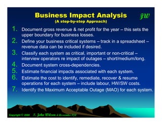 B u sin e ss Im p a c t A n a lysis             JW
                                                                    T
                                  (A step - by - step A pproac h)

  1.     Document gross revenue & net profit for the year – this sets the
         upper boundary for business losses.
  2.     Define your business critical systems – track in a spreadsheet –
         revenue data can be included if desired.
  3.     Classify each system as critical, important or non-critical –
         interview operators re impact of outages – short/medium/long.
  4.     Document system cross-dependencies.
  5.     Estimate financial impacts associated with each system.
  6.     Estimate the cost to identify, remediate, recover & resume
         operations for each system – include labour, HW/SW costs.
  7.     Identify the Maximum Acceptable Outage (MAO) for each system.




Copyright © 2004   T. John Wilson & Associates P/L
 