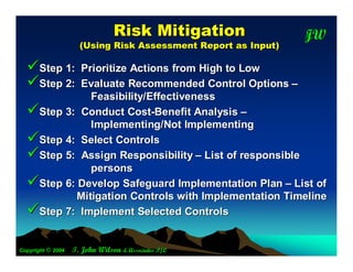 R isk M itigation                         JW
                                                                          T
                     ( U sing R isk A ssessm e nt R ep ort as In p ut )

  Step 1: Prioritize Actions from High to Low
  Step 2: Evaluate Recommended Control Options –
             Feasibility/Effectiveness
  Step 3: Conduct Cost-Benefit Analysis –
             Implementing/Not Implementing
  Step 4: Select Controls
  Step 5: Assign Responsibility – List of responsible
             persons
  Step 6: Develop Safeguard Implementation Plan – List of
          Mitigation Controls with Implementation Timeline
  Step 7: Implement Selected Controls

Copyright © 2004   T. John Wilson & Associates P/L
 