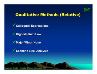 JW
                                                          T


            Q u a lita tive M e th o d s (R e la tive )

         Colloquial Expressions
         High/Medium/Low
         Major/Minor/None
         Scenario Risk Analysis


Copyright © 2004   T. John Wilson & Associates P/L
 