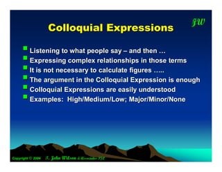 JW
                                                       T
                    C olloquial E xpressions

      Listening to what people say – and then …
      Expressing complex relationships in those terms
      It is not necessary to calculate figures …..
      The argument in the Colloquial Expression is enough
      Colloquial Expressions are easily understood
      Examples: High/Medium/Low; Major/Minor/None



Copyright © 2004   T. John Wilson & Associates P/L
 