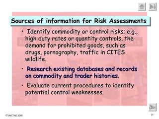 Sources of information for Risk Assessments Next Identify commodity or control risks; e.g., high duty rates or quantity controls, the demand for prohibited goods, such as drugs, pornography, traffic in CITES wildlife. Research existing databases and records on commodity and trader histories.  Evaluate current procedures to identify potential control weaknesses. 