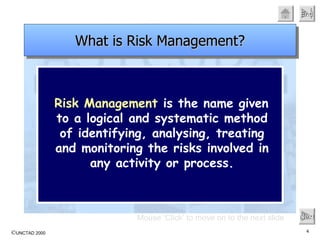 Risk Management  is the name given to a logical and systematic method of identifying, analysing, treating and monitoring the risks involved in any activity or process. Mouse ‘Click’ to move on to the next slide Next What is Risk Management? 
