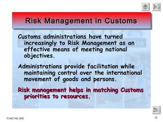 ©UNCTAD 2000 22
EndEndEndEnd
NextNextNextNext
Customs administrations have turned
increasingly to Risk Management as an
effective means of meeting national
objectives.
Administrations provide facilitation while
maintaining control over the international
movement of goods and persons.
Risk management helps in matching CustomsRisk management helps in matching Customs
priorities to resources.priorities to resources.
Risk Management in CustomsRisk Management in CustomsRisk Management in CustomsRisk Management in Customs
 