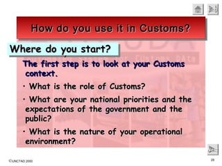 ©UNCTAD 2000 29
EndEndEndEnd
NextNextNextNext
How do you use it in Customs?How do you use it in Customs?How do you use it in Customs?How do you use it in Customs?
The first step is to look at your CustomsThe first step is to look at your Customs
context.context.
• What is the role of Customs?What is the role of Customs?
• What are your national priorities and theWhat are your national priorities and the
expectations of the government and theexpectations of the government and the
public?public?
• What is the nature of your operationalWhat is the nature of your operational
environment?environment?
Where do you start?Where do you start?Where do you start?Where do you start?
 