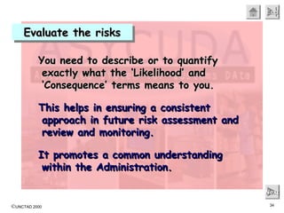 ©UNCTAD 2000 34
EndEndEndEnd
NextNextNextNext
You need to describe or to quantifyYou need to describe or to quantify
exactly what the ‘Likelihood’ andexactly what the ‘Likelihood’ and
‘Consequence’ terms means to you.‘Consequence’ terms means to you.
This helps in ensuring a consistentThis helps in ensuring a consistent
approach in future risk assessment andapproach in future risk assessment and
review and monitoring.review and monitoring.
It promotes a common understandingIt promotes a common understanding
within the Administration.within the Administration.
Evaluate the risksEvaluate the risksEvaluate the risksEvaluate the risks
 