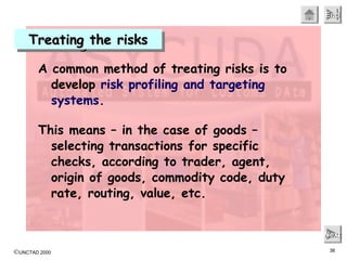 ©UNCTAD 2000 38
EndEndEndEnd
NextNextNextNext
Treating the risksTreating the risksTreating the risksTreating the risks
A common method of treating risks is to
develop risk profiling and targeting
systems.
This means – in the case of goods –
selecting transactions for specific
checks, according to trader, agent,
origin of goods, commodity code, duty
rate, routing, value, etc.
 