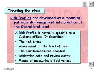 ©UNCTAD 2000 39
EndEndEndEnd
NextNextNextNext
Treating the risksTreating the risksTreating the risksTreating the risks
Risk Profiles are developed as a means of
putting risk management into practice at
the Operational level.
A Risk Profile is normally specific to a
Customs office. It describes:
• The risk areas
• Assessment of the level of risk
• The countermeasures adopted
• Activation date and review dates
• Means of measuring effectiveness.
A Risk Profile is normally specific to a
Customs office. It describes:
• The risk areas
• Assessment of the level of risk
• The countermeasures adopted
• Activation date and review dates
• Means of measuring effectiveness.
 
