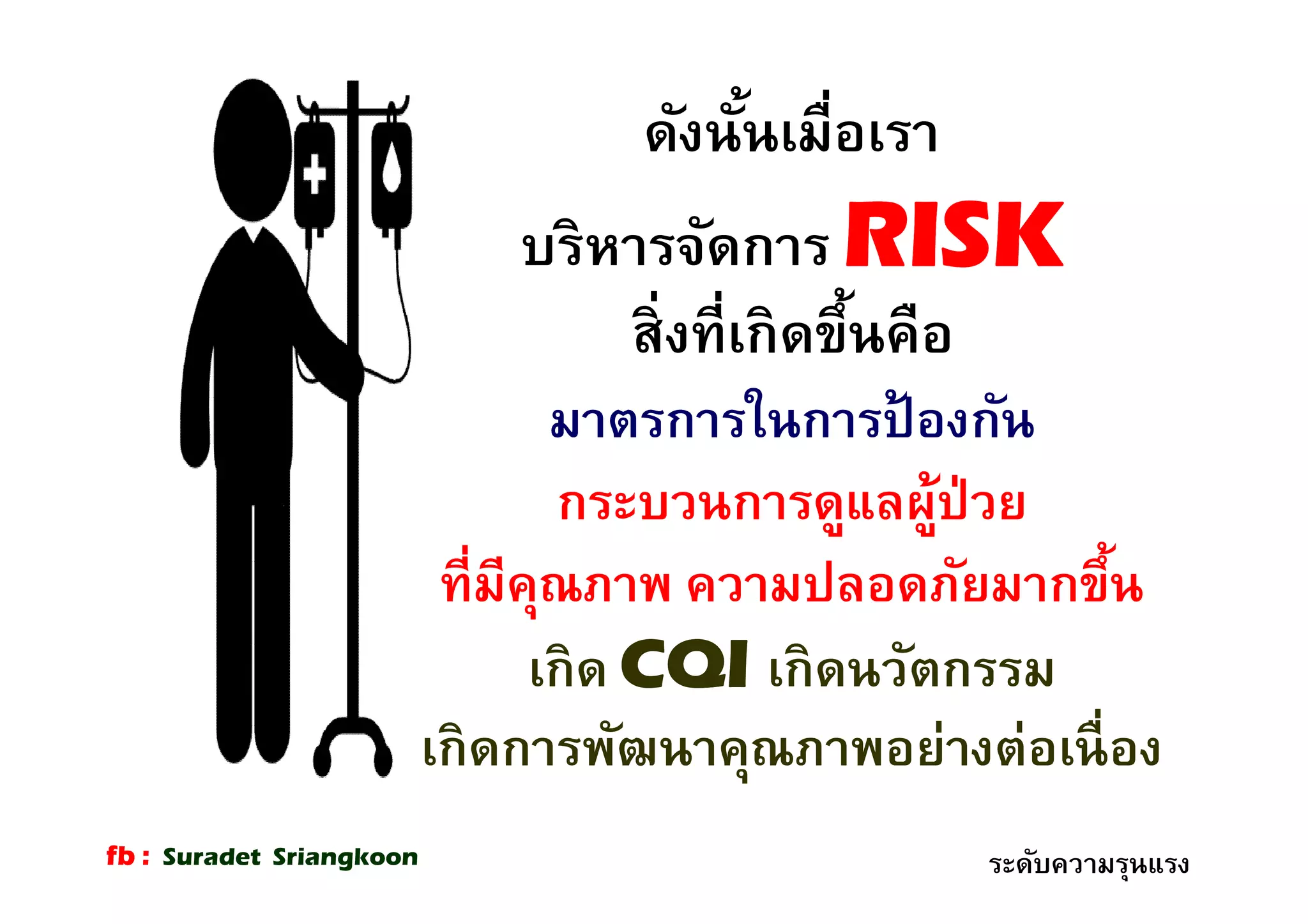 ดังนันเมือเราดังนันเมือเรา
บริหารจัดการบริหารจัดการ RISKRISK
สิงทีเกิดขึนคือสิงทีเกิดขึนคือ
มาตรการในการป้ องกันมาตรการในการป้ องกัน
กระบวนการดูแลผู้ป่วยกระบวนการดูแลผู้ป่วย
ทีมีคุณภาพ ความปลอดภัยมากขึนทีมีคุณภาพ ความปลอดภัยมากขึน
เกิดเกิด CQICQI เกิดนวัตกรรมเกิดนวัตกรรม
เกิดการพัฒนาคุเกิดการพัฒนาคุณณภาพอย่างต่อเนืองภาพอย่างต่อเนือง
ระดับความรุนแรงfb : Suradet Sriangkoon
 