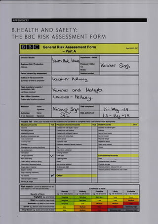 APPENDICES
B.HEALTH AND SAFETY:
THE BBC RISK ASSESSN4ENT FORN/
EtrEIg General Risk Assessment Form
- Part A
Apil 2007- DC
Division, Studlo
k"obt^ P^J, [r,"r,r
Departnent, Serles
Busine3s Unit, Produc{ion
Address
Producar, Edi&or
Tel;
Mobile:
kh.onui. Sngh
Period covered VoBion number
Oudine of ri3k assessmcnt
$ummary olwhat is proposed L,eai.n- hcrtwo-g
Team members I oxpo.ts,
contsactort, €{c.
List tl,ose involved
Kqocnur onc}r $t^tqU.
Site, Ofice, Location
Oudine site! leations invoNed
Loc-o&ton - ttu-ra3 "
Ass€Bsor Name
Sigmture Krt
".,tc -Qrvrh
Date complcted
lS- tae". -lq
Autfioriser Name
Signature
D*e.uthorised
Hazard list - se/ecl your bazads from the tist bdow and use these to c!.mplete Pafi B (add others where approyiate)
Situational hazards Tick Physical, chemical hazards Tick Health hazards Tick
Asbestos Contact wilh cold liquid / vapour Disease causative agent
Assault by peBon Contact with cdd surface lnfection
Attacked by animal Contact wilh hot liquid / vapour Lack of food / water
Breathing compressed gas Contact with hot surface Lack of oxygen
Cold snvironment El*tric shock Physi€l fatigue
Crush by load Explosive blast Rapetitive action
Drowning Explosive relsase of stored pressure Static body posture
Entanglemant in moving machinery FiE Stress
Hot trvironment Hazardous substancs
lntimi&tion lonizing radiatjon
Lifring Equipment Laser light Environmental hazards
Manual handling Lightning strike Litter
Obiect trlling, moving orflying Noise Nuisance noise / vibration
Obstructim / exposed feature Nm-ionizing radiation Physical damage
Sharp object / material Stroboscofric light Waste substiance released into air
Slippery surfac Mbration V1/aste substance rsleased into soil /water
Trap in moving machinery
Trip hazard Other
Vehicle impact / collision
 brking at height
Risk matfix - use this to chtemin€ tisk lor
each hazard i.e.'how bad and hovv likaly' Llkellhood of Harm
SeYeriW of Harm
Remoto
e.g. <1 in 10@ chance
Unlikely
e.g. 1 in 200 chan@
Pocsible
e.g. I in 50 chance
Likely
e.g. 1 in 10 chance
Probable
e.g. >1 in 3 chance
ilegllgible e.g. sma/ brurse Very low Very low Very low Low Low
Sliglrt e.g. small cut, (teep bruise Verylow Very low Low Low Medlum
toderate e.g. d@p cut, tom muscle Very low Low Medium
Severe e.g. ,iacrure, /lrss orconsc,irusness Low
Very Severe e.9. aeath, permanenl disability Low
not
Medlum High
Medlum Hlqh Hiqh
Medtum Hish
 