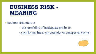 BUSINESS RISK -
MEANING
•Business risk refers to
- the possibility of inadequate profits or
- even losses due to uncertainties or unexpected events
 