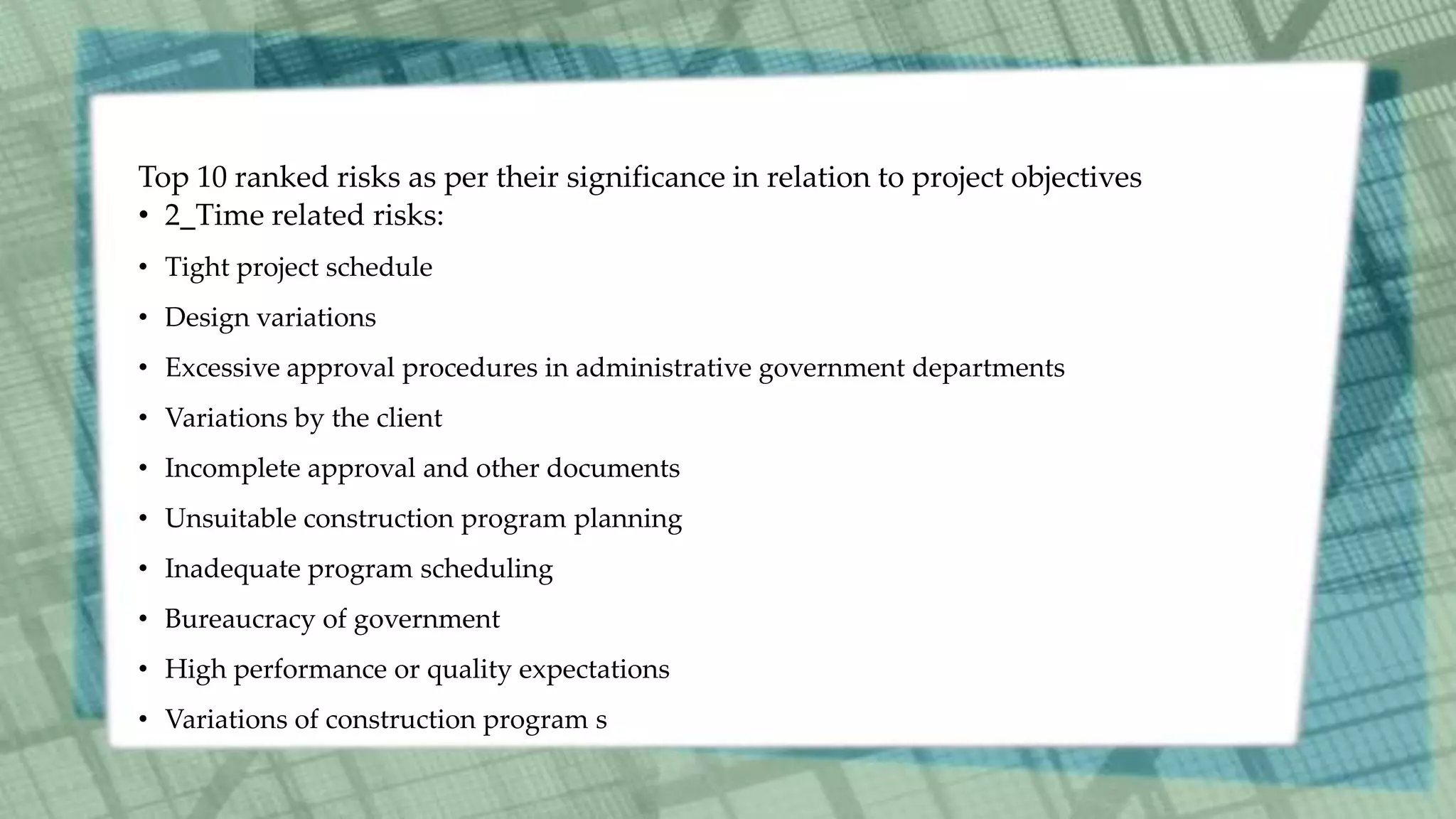 Top 10 ranked risks as per their significance in relation to project objectives
• 2_Time related risks:
• Tight project schedule
• Design variations
• Excessive approval procedures in administrative government departments
• Variations by the client
• Incomplete approval and other documents
• Unsuitable construction program planning
• Inadequate program scheduling
• Bureaucracy of government
• High performance or quality expectations
• Variations of construction program s
 