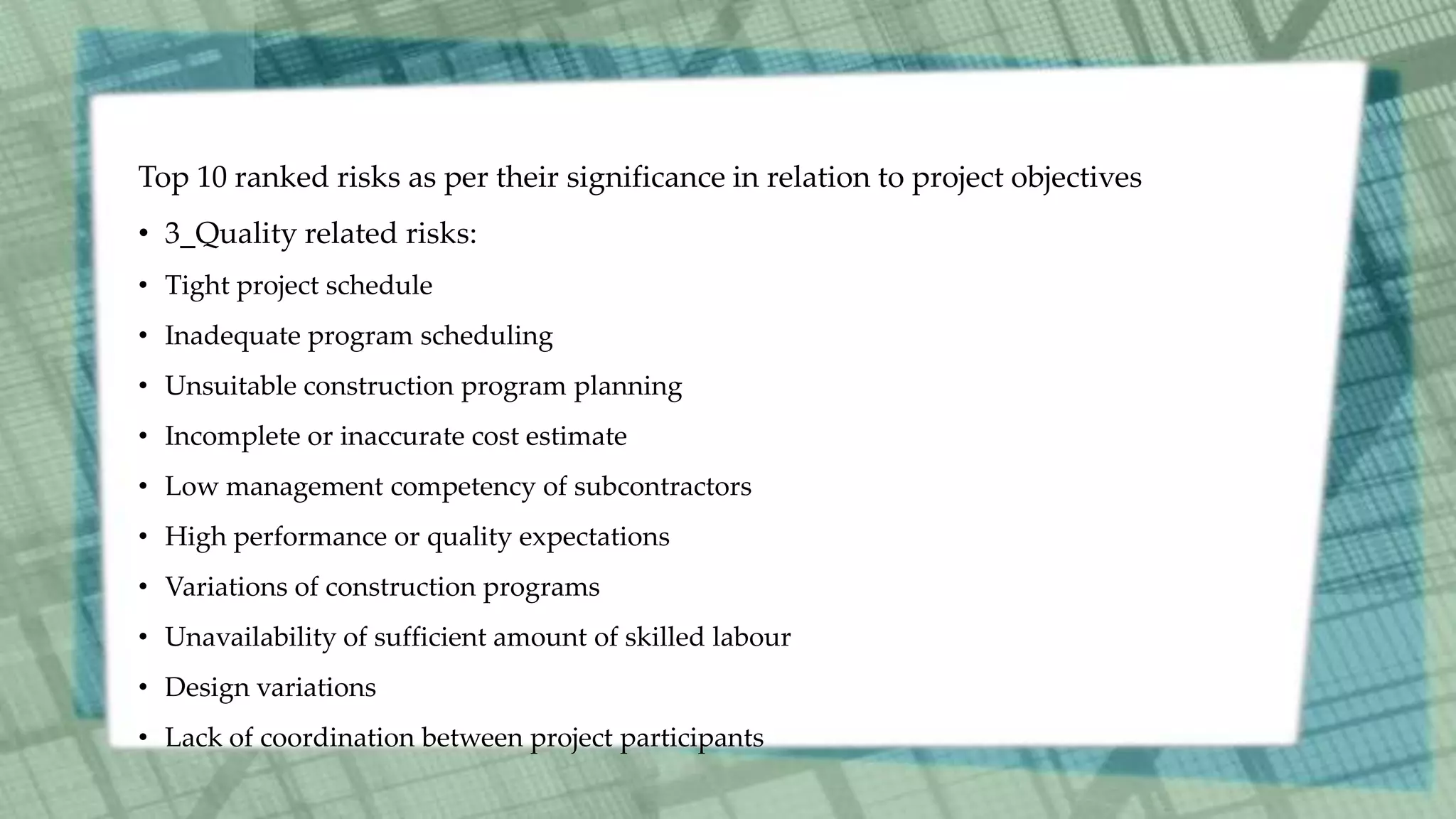 Top 10 ranked risks as per their significance in relation to project objectives
• 3_Quality related risks:
• Tight project schedule
• Inadequate program scheduling
• Unsuitable construction program planning
• Incomplete or inaccurate cost estimate
• Low management competency of subcontractors
• High performance or quality expectations
• Variations of construction programs
• Unavailability of sufficient amount of skilled labour
• Design variations
• Lack of coordination between project participants
 