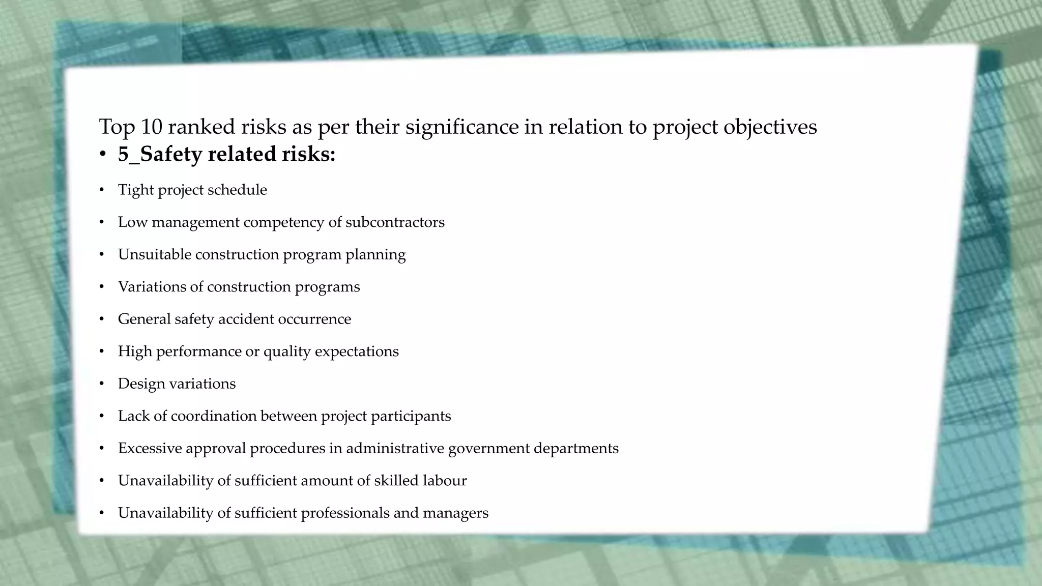 Top 10 ranked risks as per their significance in relation to project objectives
• 5_Safety related risks:
• Tight project schedule
• Low management competency of subcontractors
• Unsuitable construction program planning
• Variations of construction programs
• General safety accident occurrence
• High performance or quality expectations
• Design variations
• Lack of coordination between project participants
• Excessive approval procedures in administrative government departments
• Unavailability of sufficient amount of skilled labour
• Unavailability of sufficient professionals and managers
 