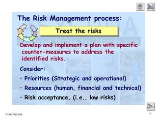©UNCTAD 2000 17
End
Next
The Risk Management process:
Treat the risks
Develop and implement a plan with specific
counter-measures to address the
identified risks.
Consider:
• Priorities (Strategic and operational)
• Resources (human, financial and technical)
• Risk acceptance, (i.e., low risks)
 