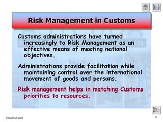©UNCTAD 2000 22
End
Next
Customs administrations have turned
increasingly to Risk Management as an
effective means of meeting national
objectives.
Administrations provide facilitation while
maintaining control over the international
movement of goods and persons.
Risk management helps in matching Customs
priorities to resources.
Risk Management in Customs
 